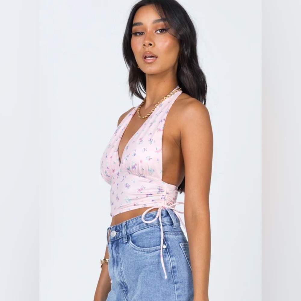 Princess Polly Pink Floral Cropped Halter Top Cute Coquette Girly Fun Going Out - Picture 7 of 11